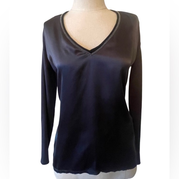 GO BY GO SILK Tops - Navy Long-Sleeve Shirt blue v neck silver trim New by GO SILK XS Cotton back NWT